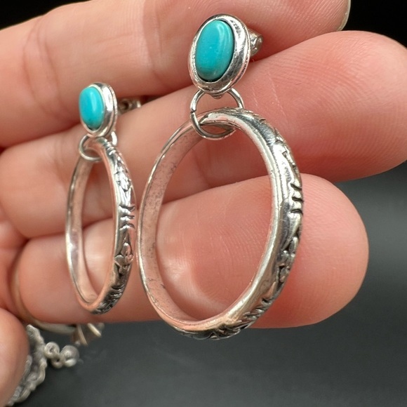 Lot 5 pairs western southwestern style earrings silver tone turquoise color - Picture 9 of 11